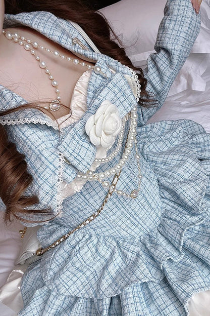Gothic Lolita Dress - Camellia Blue Miss Plaid Print, Blue, Plaid, Sweet Style, Bow Detail - additional product view 4