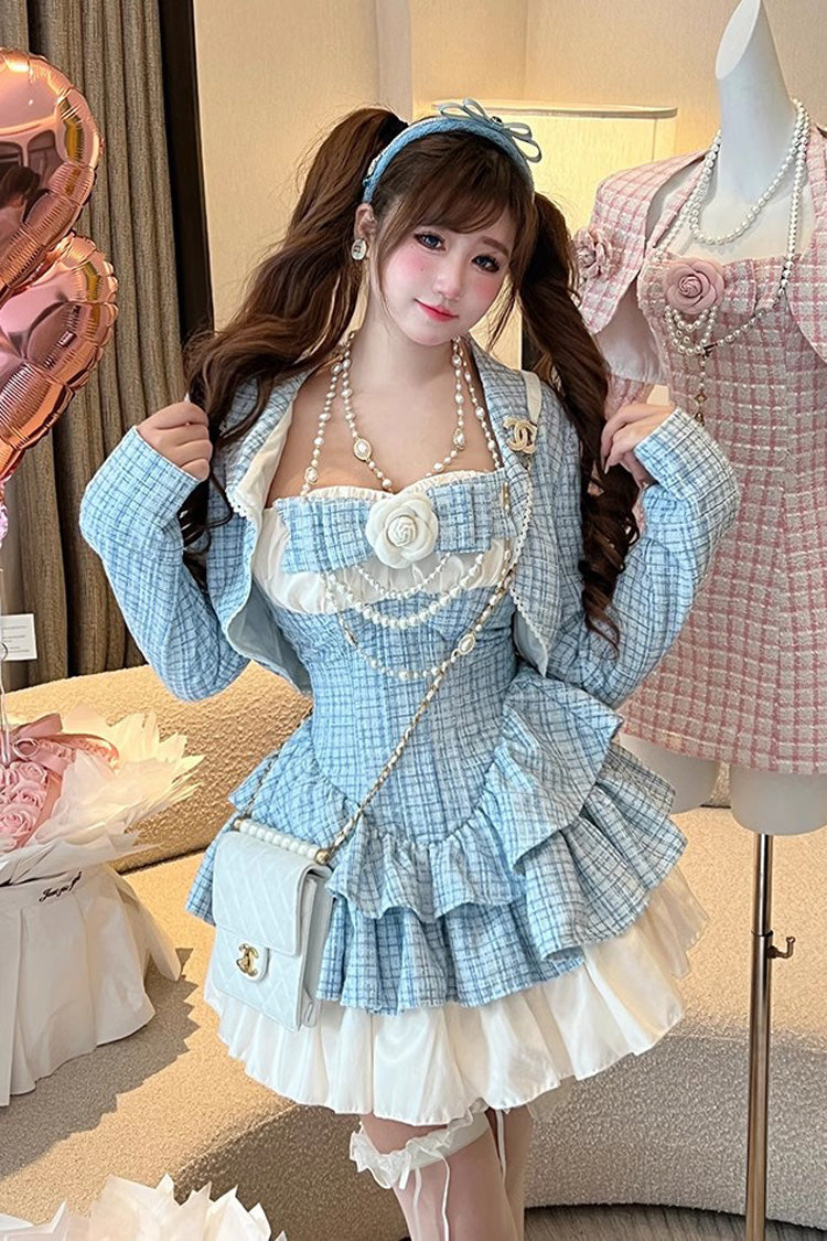 Gothic Lolita Dress - Camellia Blue Miss Plaid Print, Blue, Plaid, Sweet Style, Bow Detail - main product image
