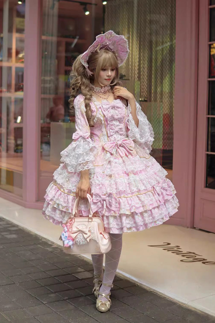 Gothic Lolita Dress - Candlelight Elegance, Pink, Long Sleeves, Sweet Style, Bow Detail - additional product view 2