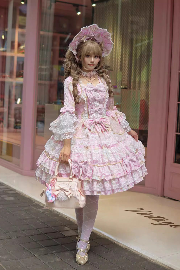 Gothic Lolita Dress - Candlelight Elegance, Pink, Long Sleeves, Sweet Style, Bow Detail - additional product view 4