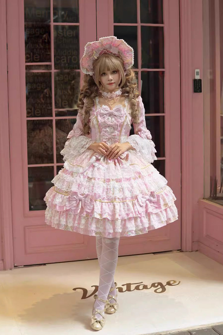 Gothic Lolita Dress - Candlelight Elegance, Pink, Long Sleeves, Sweet Style, Bow Detail - main product image