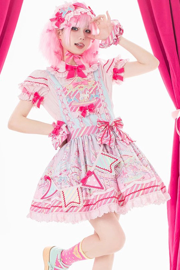 Gothic Lolita Dress - Candy Park Print, 2 Colors, Sweet Style, Bow Detail, Ruffled - S Blue/Pink / M Blue/Pink / L Blue/Pink option