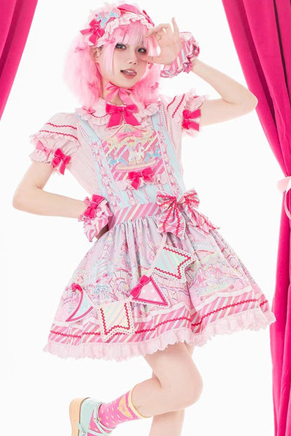 Gothic Lolita Dress - Candy Park Print, 2 Colors, Sweet Style, Bow Detail, Ruffled - S Blue/Pink / M Blue/Pink / L Blue/Pink option