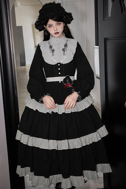Gothic Lolita Dress - Castle Night, 2 Colors, Long Sleeves, Ruffled, Embroidered - additional product view 3