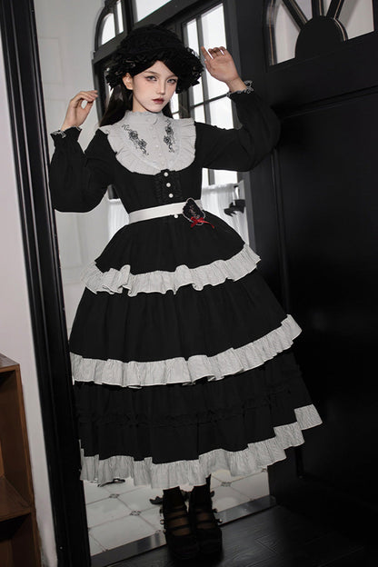 Gothic Lolita Dress - Castle Night, 2 Colors, Long Sleeves, Ruffled, Embroidered - additional product view 13