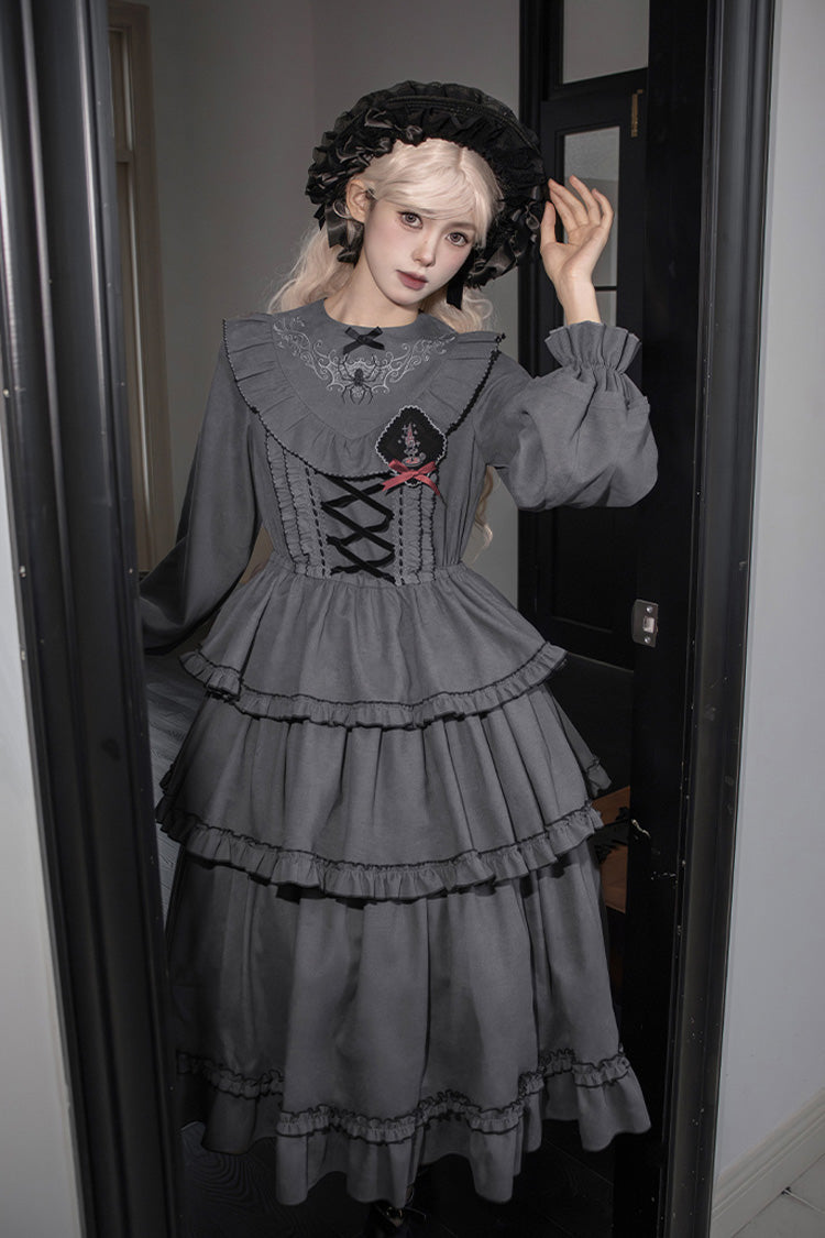 Gothic Lolita Dress - Castle Night, 2 Colors, Long Sleeves, Ruffled, Embroidered - S Grey / M Grey / L Grey option