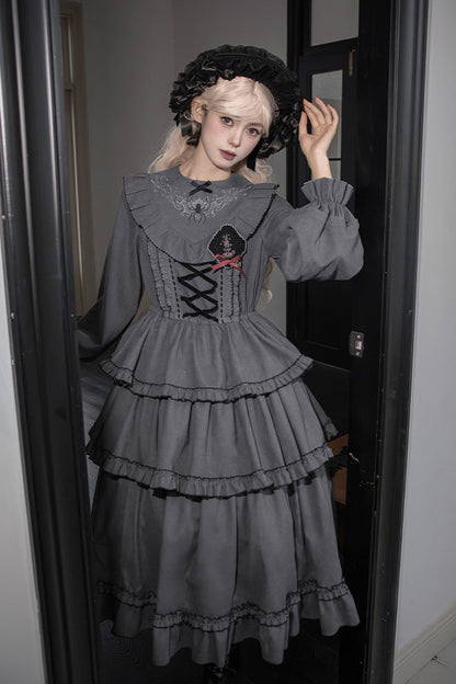 Gothic Lolita Dress - Castle Night, 2 Colors, Long Sleeves, Ruffled, Embroidered - S Grey / M Grey / L Grey option