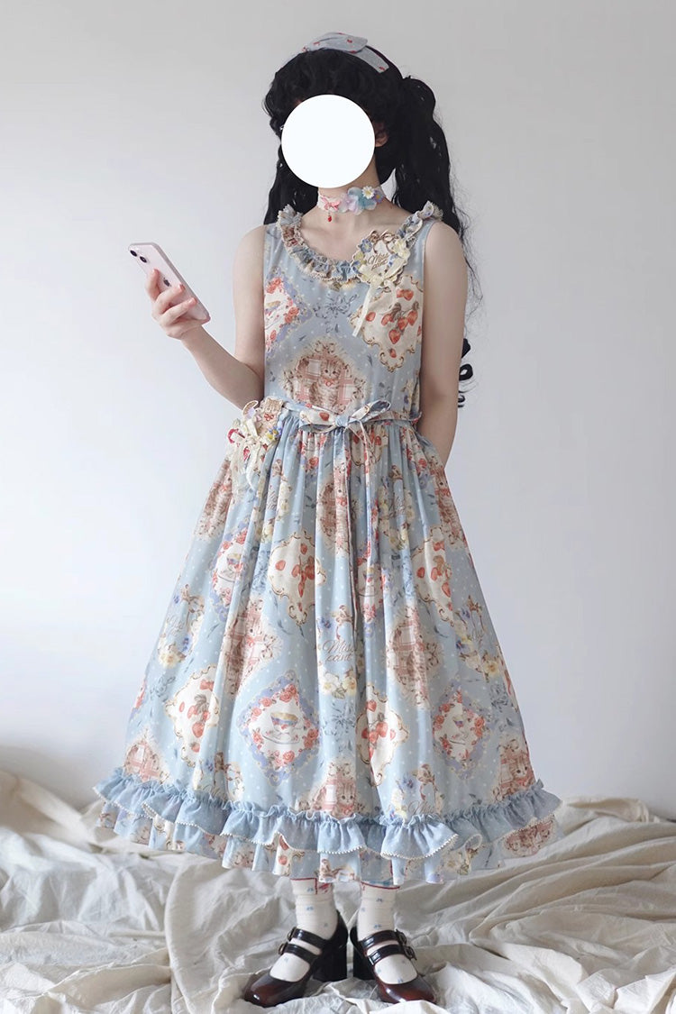 Gothic Lolita Dress - Cat Rose Tea, 3 Colors, Ruffled, Printed, Sweet Style - XS Blue / S Blue / M Blue option