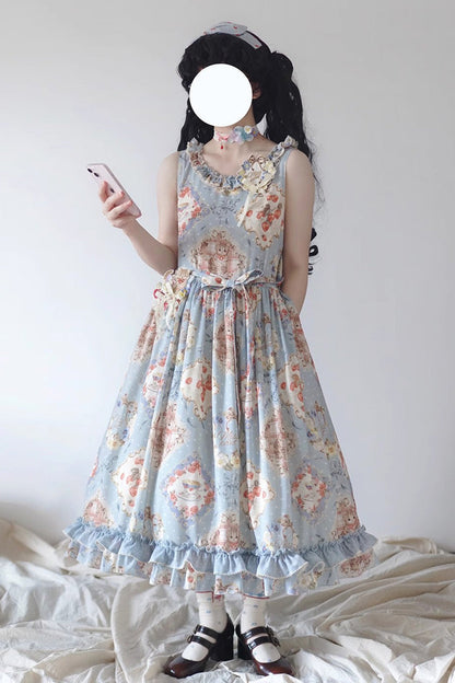 Gothic Lolita Dress - Cat Rose Tea, 3 Colors, Ruffled, Printed, Sweet Style - XS Blue / S Blue / M Blue option