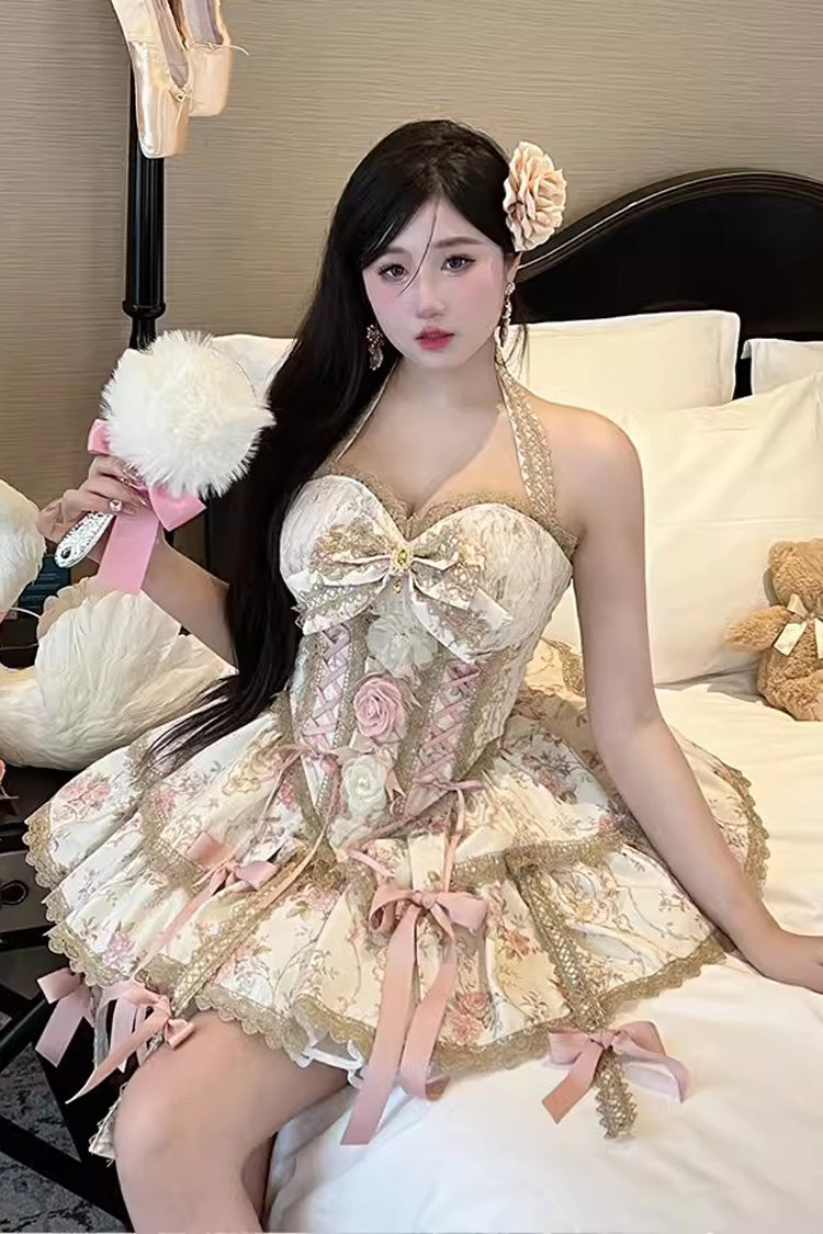 Gothic Lolita Dress - Champagne Halterneck Rich Flower, Champagne, Bow Detail, Lace Trim - additional product view 2
