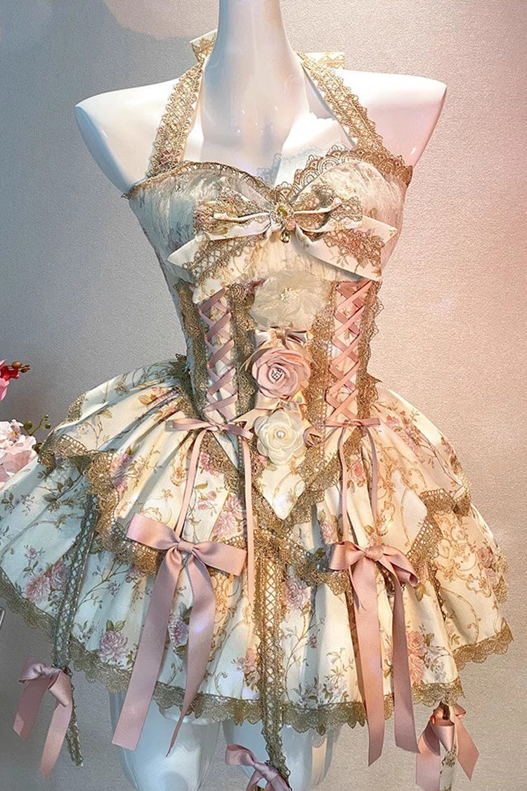 Gothic Lolita Dress - Champagne Halterneck Rich Flower, Champagne, Bow Detail, Lace Trim - additional product view 3