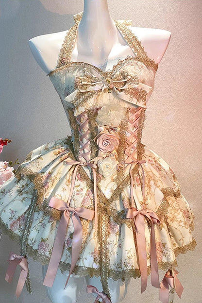 Gothic Lolita Dress - Champagne Halterneck Rich Flower, Champagne, Bow Detail, Lace Trim - additional product view 3