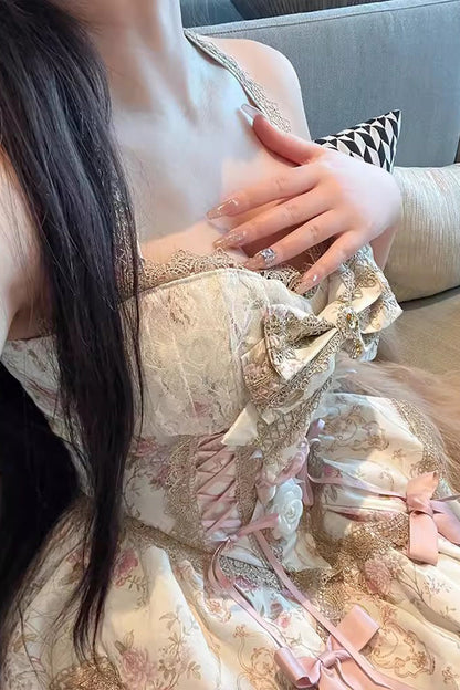 Gothic Lolita Dress - Champagne Halterneck Rich Flower, Champagne, Bow Detail, Lace Trim - additional product view 5