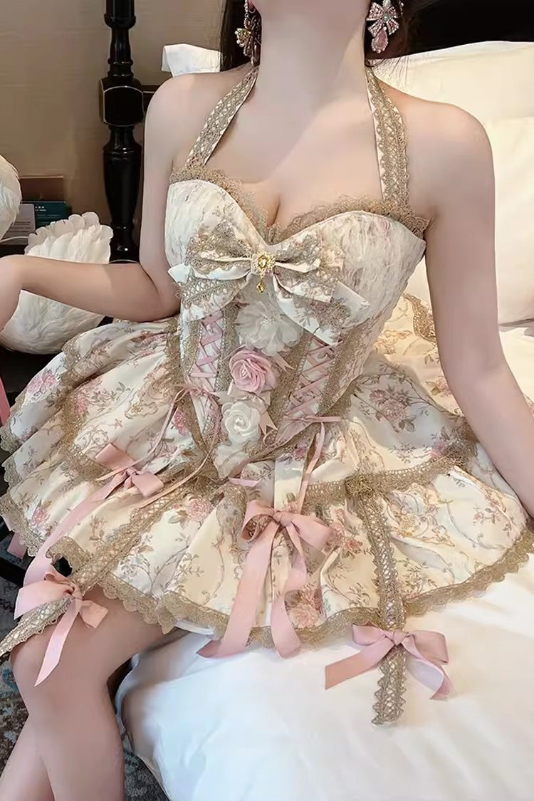 Gothic Lolita Dress - Champagne Halterneck Rich Flower, Champagne, Bow Detail, Lace Trim - additional product view 6