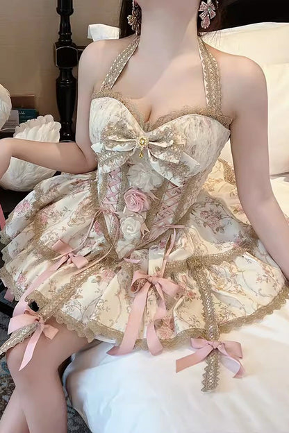 Gothic Lolita Dress - Champagne Halterneck Rich Flower, Champagne, Bow Detail, Lace Trim - additional product view 6