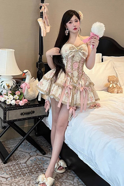 Gothic Lolita Dress - Champagne Halterneck Rich Flower, Champagne, Bow Detail, Lace Trim - main product image