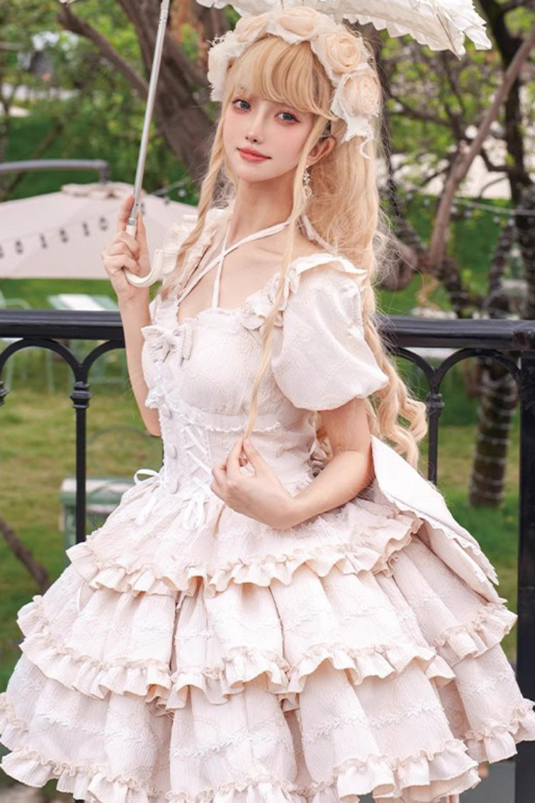 Gothic Lolita Dress - Champagne Square Collar, Champagne, Square Collar, Bow Detail - additional product view 2