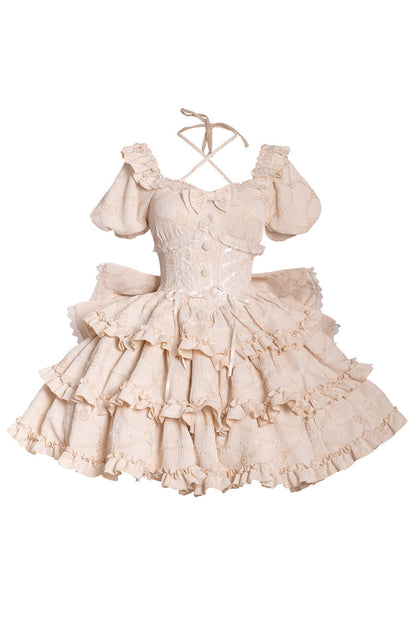 Gothic Lolita Dress - Champagne Square Collar, Champagne, Square Collar, Bow Detail - additional product view 3