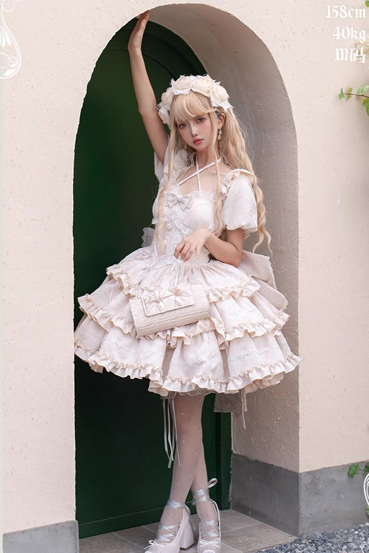 Gothic Lolita Dress - Champagne Square Collar, Champagne, Square Collar, Bow Detail - additional product view 4