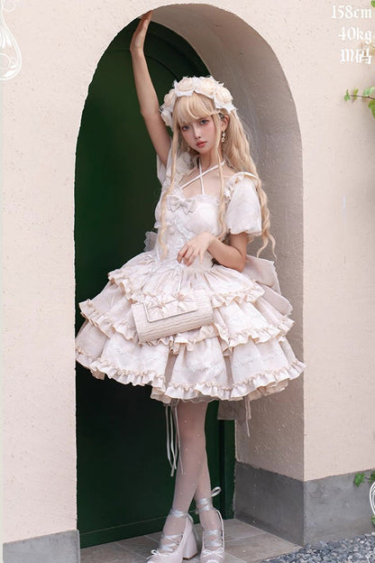 Gothic Lolita Dress - Champagne Square Collar, Champagne, Square Collar, Bow Detail - additional product view 4