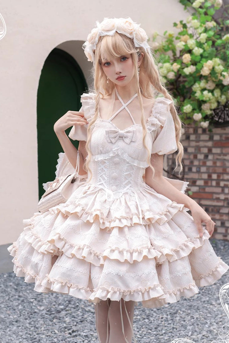 Gothic Lolita Dress - Champagne Square Collar, Champagne, Square Collar, Bow Detail - main product image