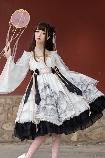 Gothic Lolita Dress - Chinese Style, 2 Colors, Printed, Long Sleeves, Sweet Style - additional product view 6