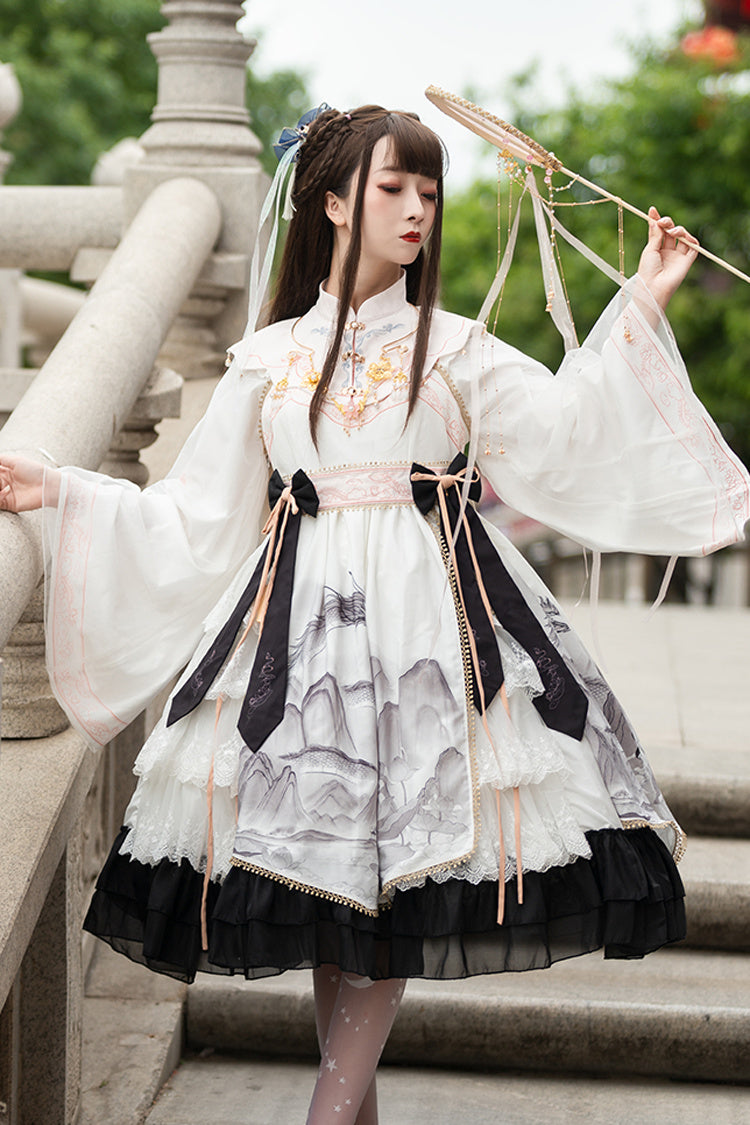 Gothic Lolita Dress - Chinese Style, 2 Colors, Printed, Long Sleeves, Sweet Style - S White/Black / M White/Black / L White/Black option