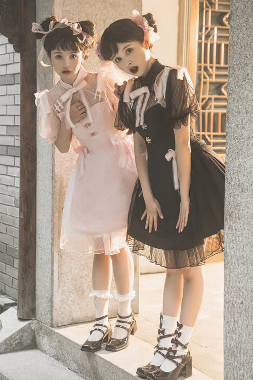 Gothic Lolita Dress - Chinese Style Stand Collar, 2 Colors, Stand Collar, Lace Trim - additional product view 4