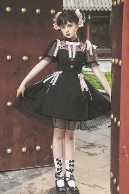 Gothic Lolita Dress - Chinese Style Stand Collar, 2 Colors, Stand Collar, Lace Trim - S Black / M Black / L Black option
