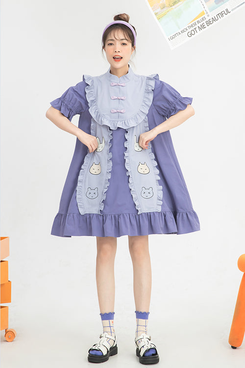 Gothic Lolita Dress - Chinoiserie Button Stand Collar, Purple, Stand Collar, High Waist - additional product view 2