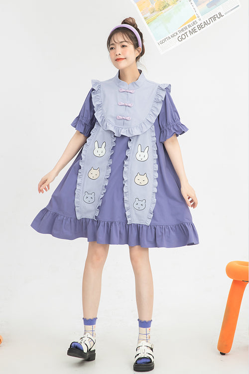 Gothic Lolita Dress - Chinoiserie Button Stand Collar, Purple, Stand Collar, High Waist - additional product view 3