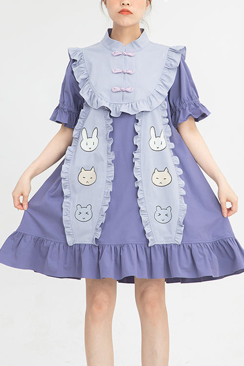 Gothic Lolita Dress - Chinoiserie Button Stand Collar, Purple, Stand Collar, High Waist - main product image