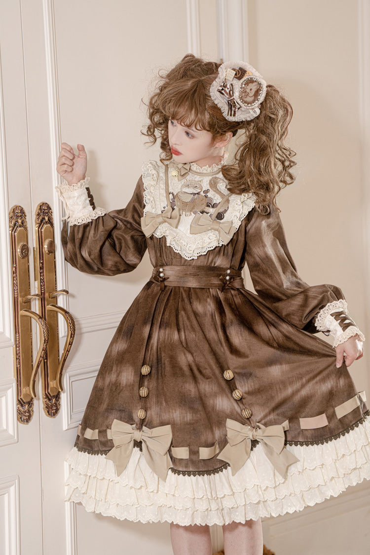 Gothic Lolita Dress - Chocolate Cat, Brown, Bow Detail, Ruffled, Printed - additional product view 2