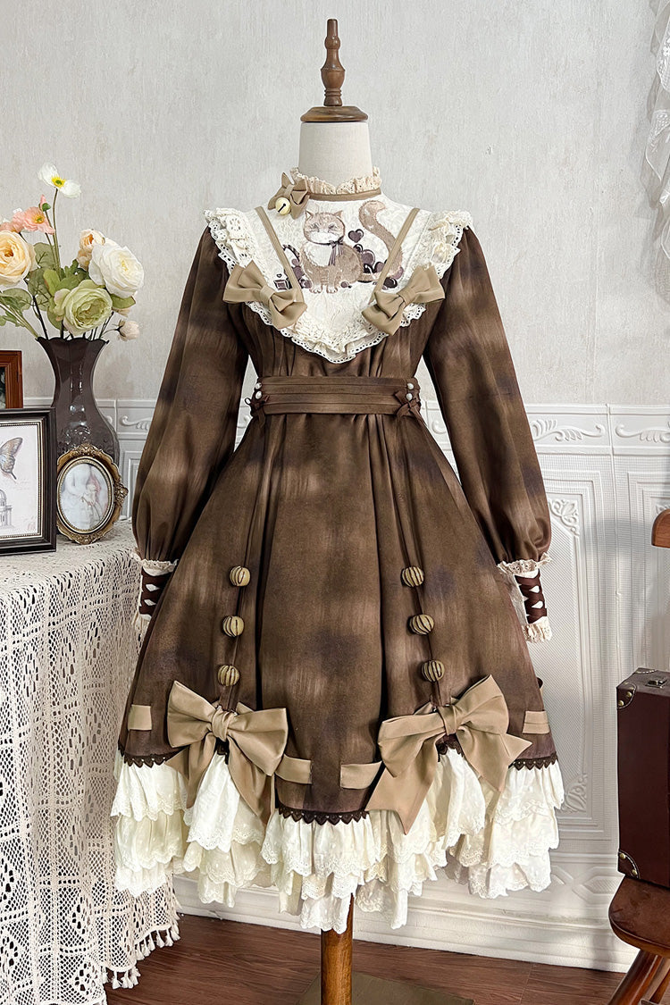 Gothic Lolita Dress - Chocolate Cat, Brown, Bow Detail, Ruffled, Printed - additional product view 3