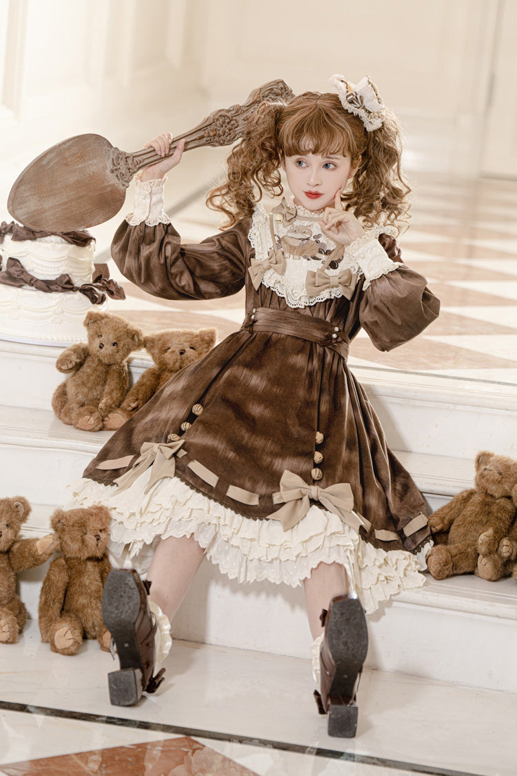Gothic Lolita Dress - Chocolate Cat, Brown, Bow Detail, Ruffled, Printed - additional product view 4