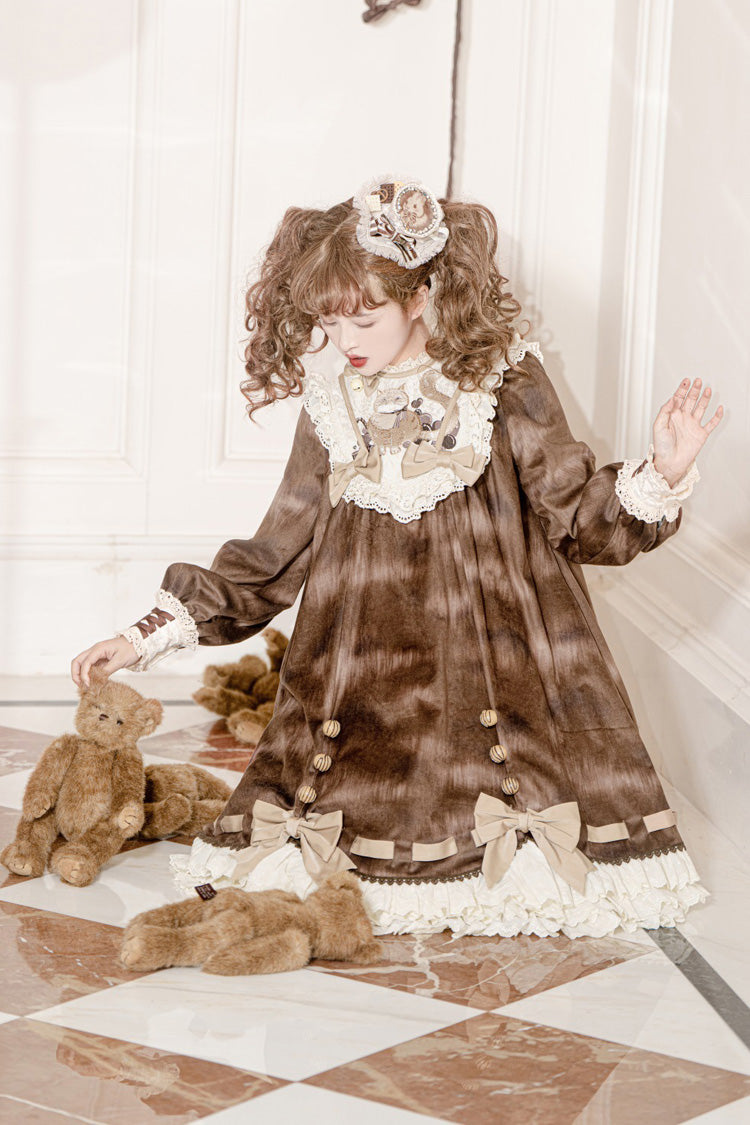 Gothic Lolita Dress - Chocolate Cat, Brown, Bow Detail, Ruffled, Printed - additional product view 5