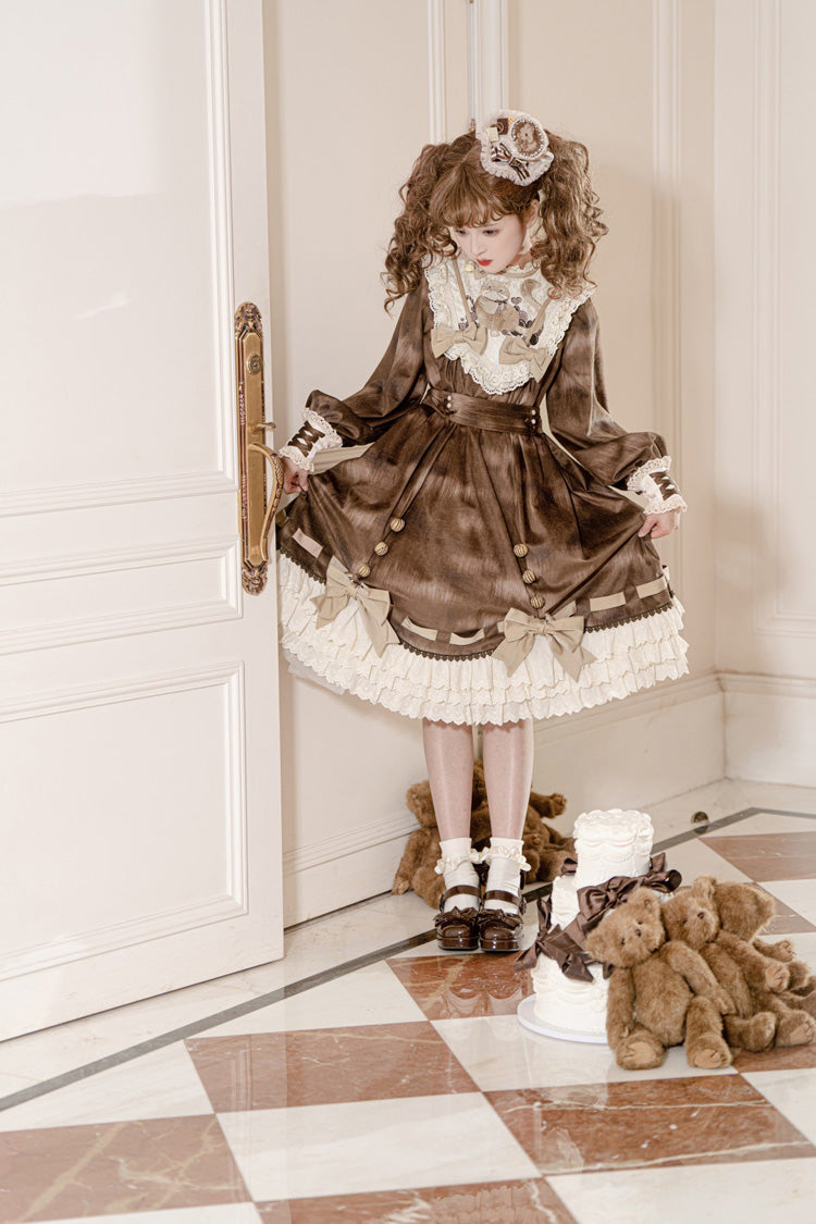 Gothic Lolita Dress - Chocolate Cat, Brown, Bow Detail, Ruffled, Printed - additional product view 6