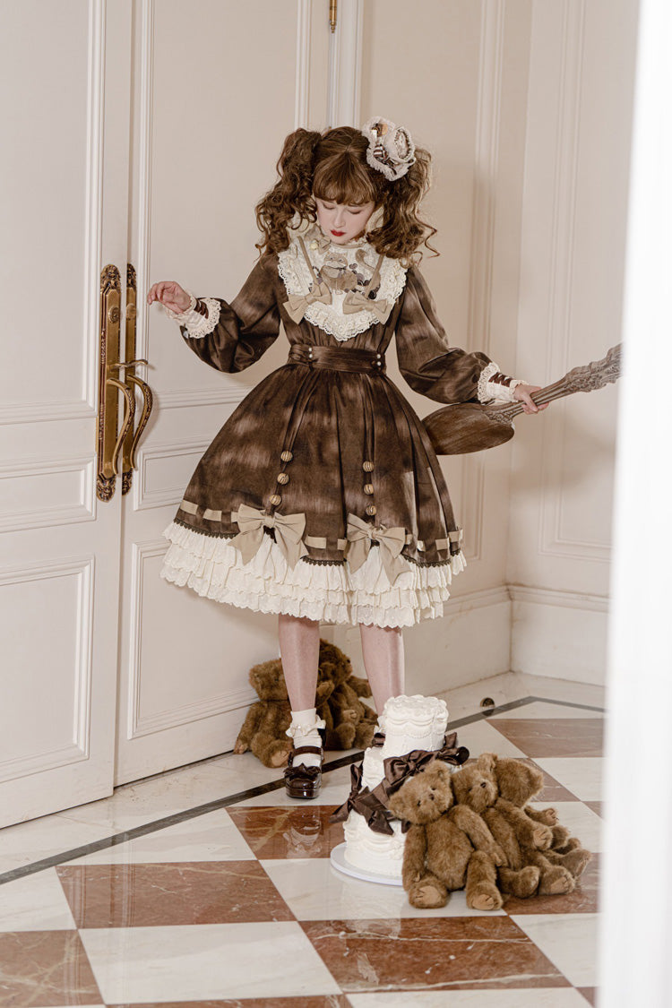 Gothic Lolita Dress - Chocolate Cat, Brown, Bow Detail, Ruffled, Printed - additional product view 8