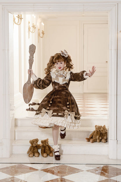 Gothic Lolita Dress - Chocolate Cat, Brown, Bow Detail, Ruffled, Printed - additional product view 10