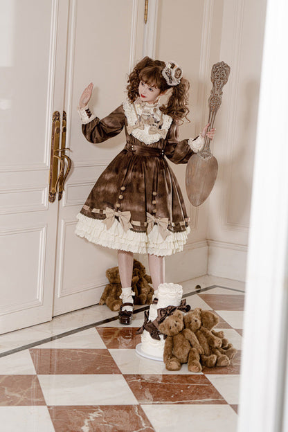 Gothic Lolita Dress - Chocolate Cat, Brown, Bow Detail, Ruffled, Printed - additional product view 11