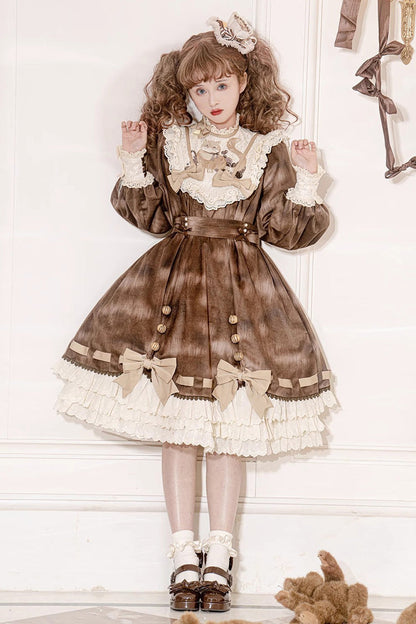 Gothic Lolita Dress - Chocolate Cat, Brown, Bow Detail, Ruffled, Printed - main product image