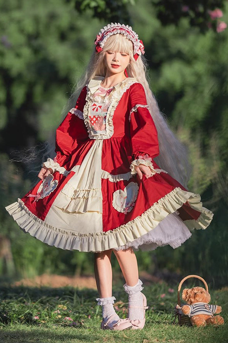 Gothic Lolita Dress - Cider House, Red, Ruffled, Printed, Long Sleeves - additional product view 2