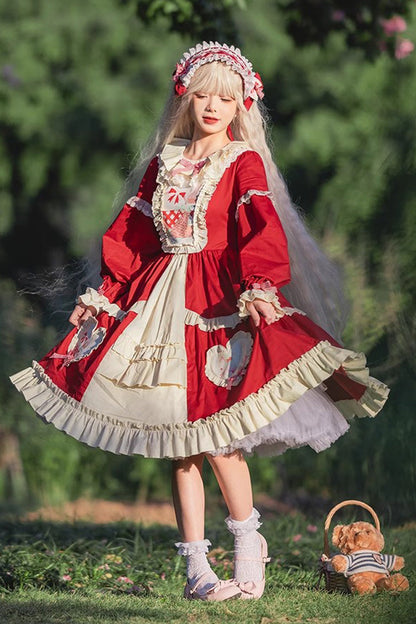 Gothic Lolita Dress - Cider House, Red, Ruffled, Printed, Long Sleeves - additional product view 2