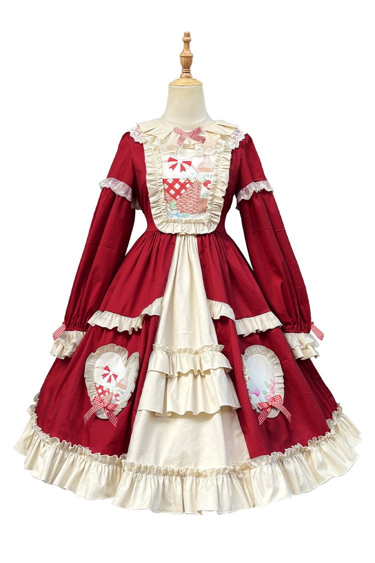 Gothic Lolita Dress - Cider House, Red, Ruffled, Printed, Long Sleeves - additional product view 3