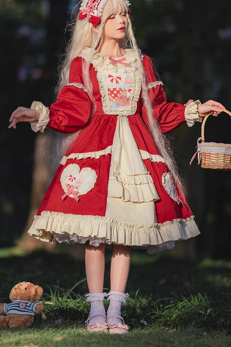 Gothic Lolita Dress - Cider House, Red, Ruffled, Printed, Long Sleeves - additional product view 4