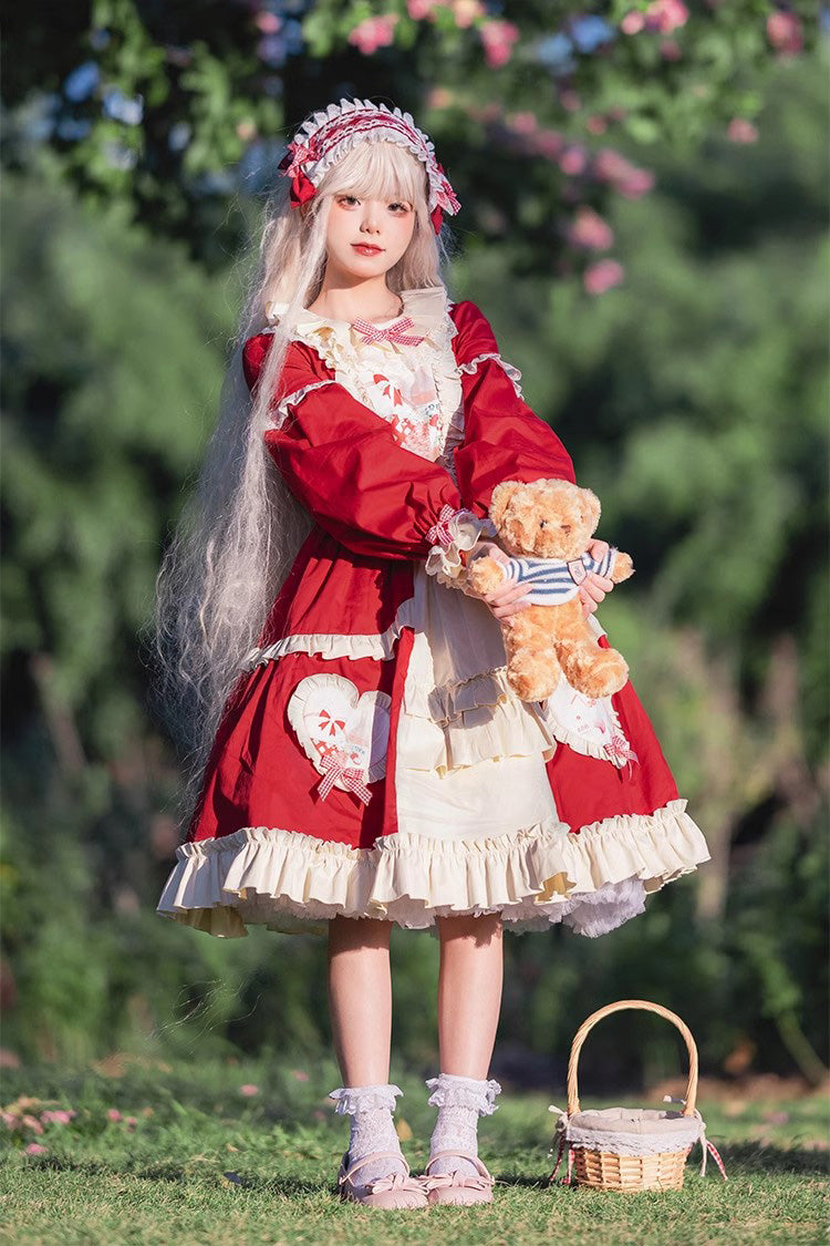 Gothic Lolita Dress - Cider House, Red, Ruffled, Printed, Long Sleeves - additional product view 5