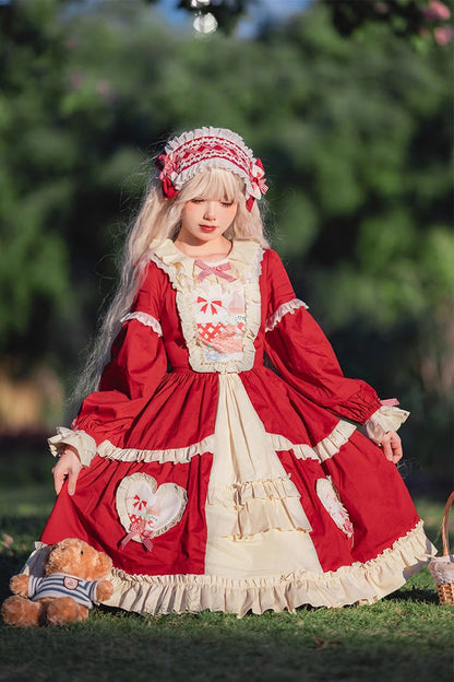 Gothic Lolita Dress - Cider House, Red, Ruffled, Printed, Long Sleeves - additional product view 6