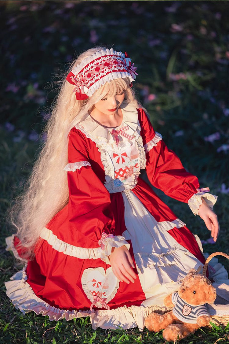 Gothic Lolita Dress - Cider House, Red, Ruffled, Printed, Long Sleeves - additional product view 7