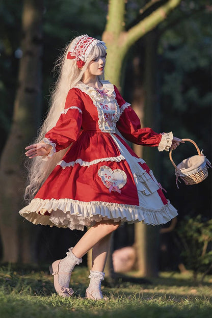 Gothic Lolita Dress - Cider House, Red, Ruffled, Printed, Long Sleeves - additional product view 8
