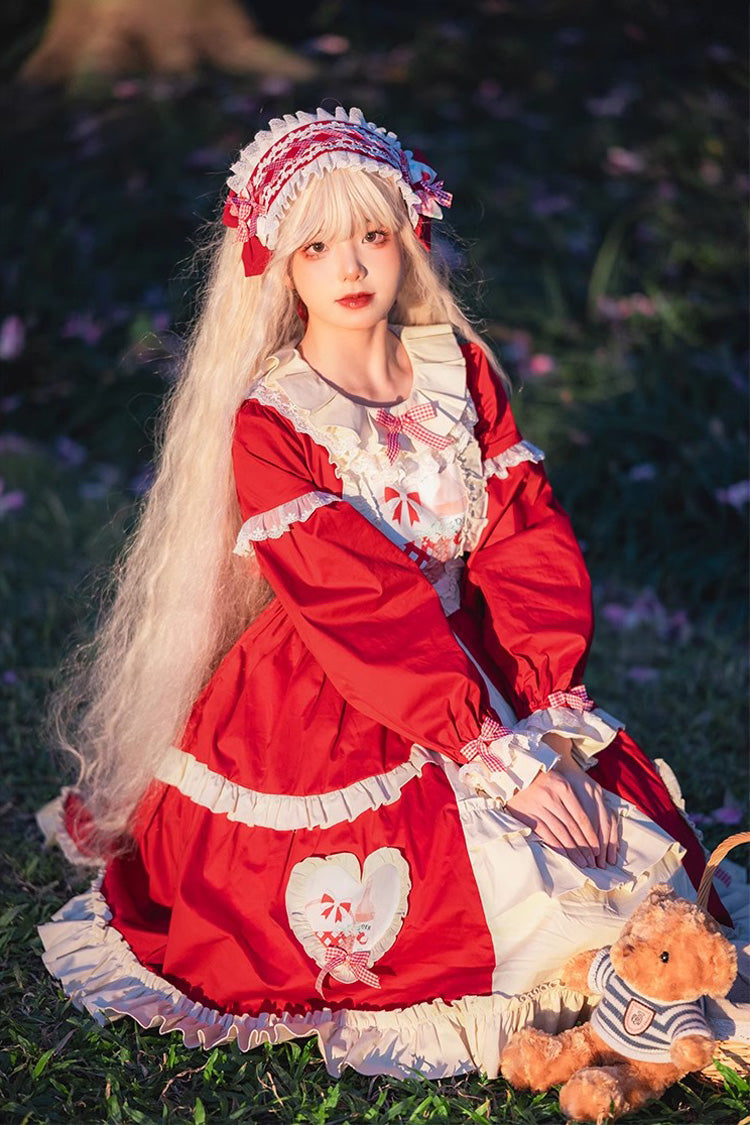 Gothic Lolita Dress - Cider House, Red, Ruffled, Printed, Long Sleeves - additional product view 9